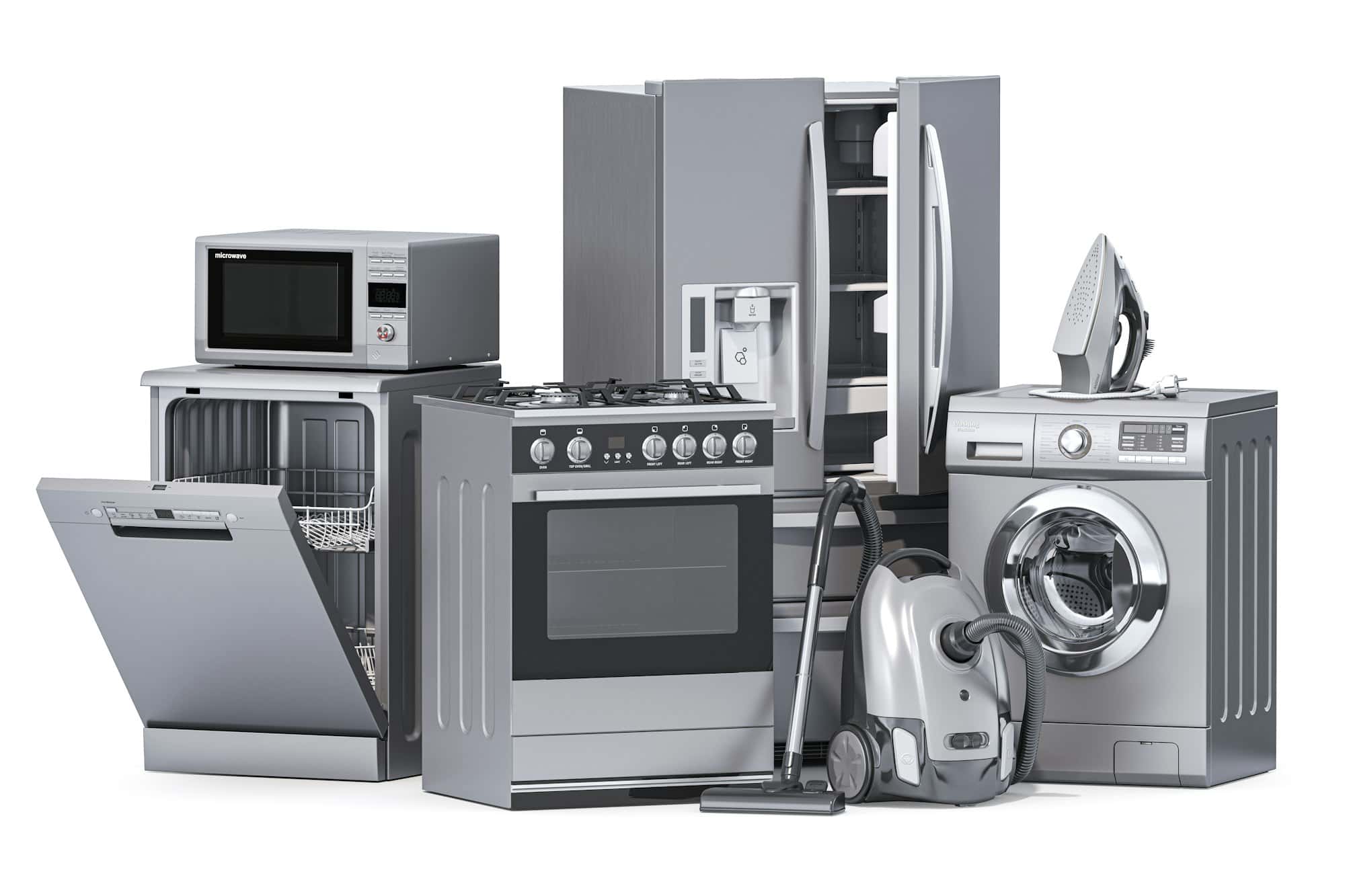 Beranda elektroniks. Household kitchen technics isolated on white background